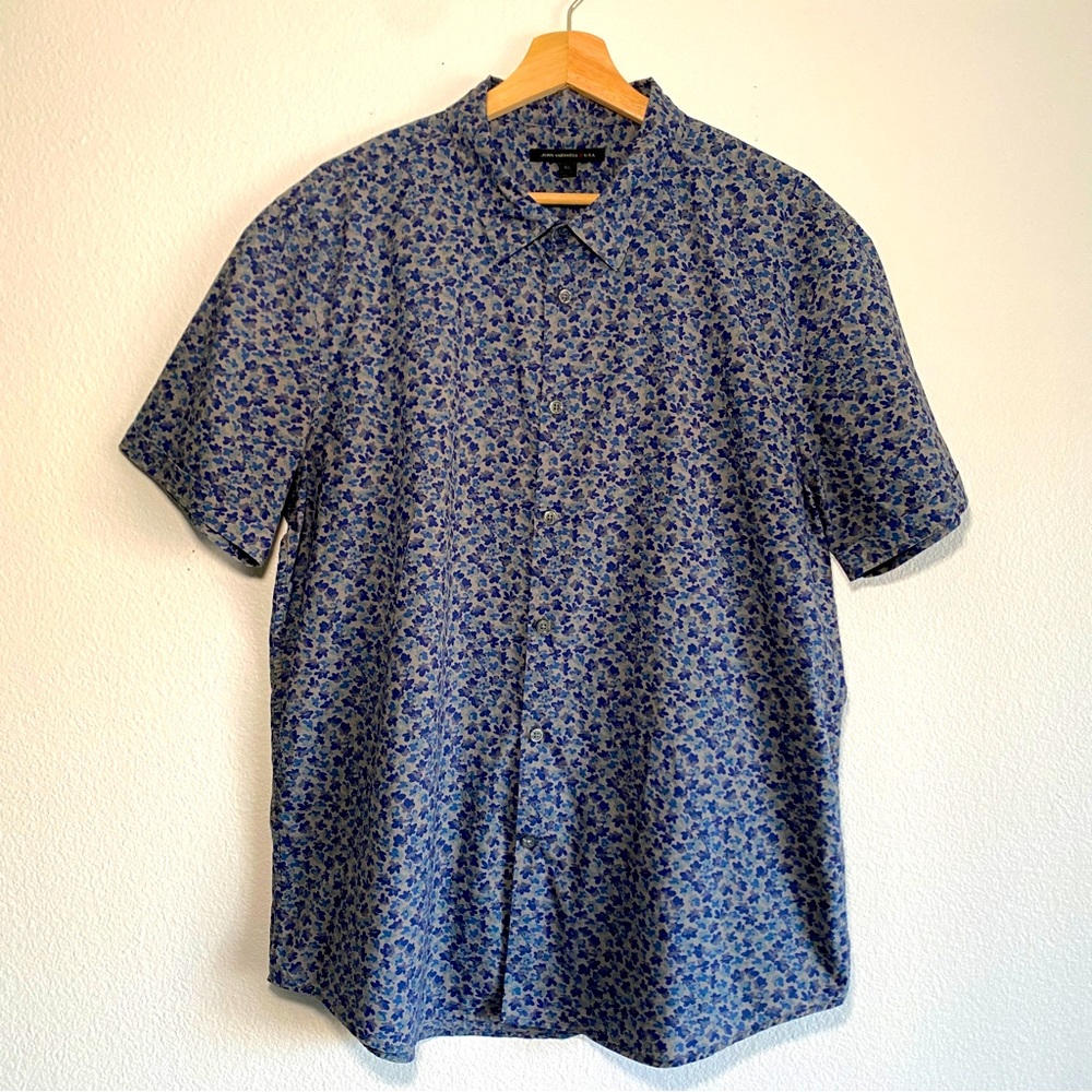 JOHN VARVATOS Gray and Blue Floral Short Sleeve Shirt Sz XL